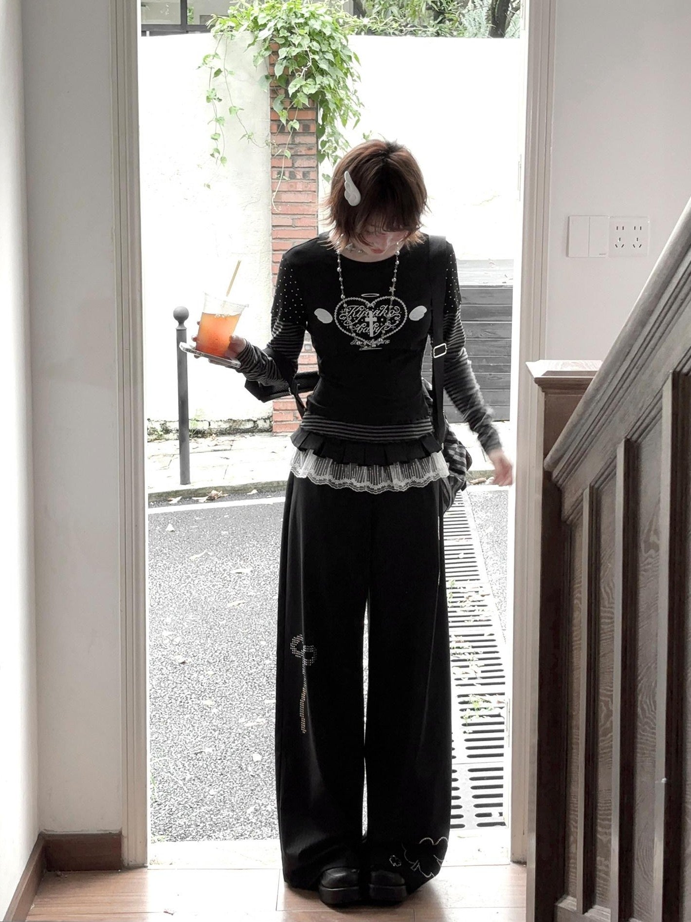 Kyouko Baby Gray Girl Raglan Sleeve Women's Long Black Pants Casual Top & Pants Sets