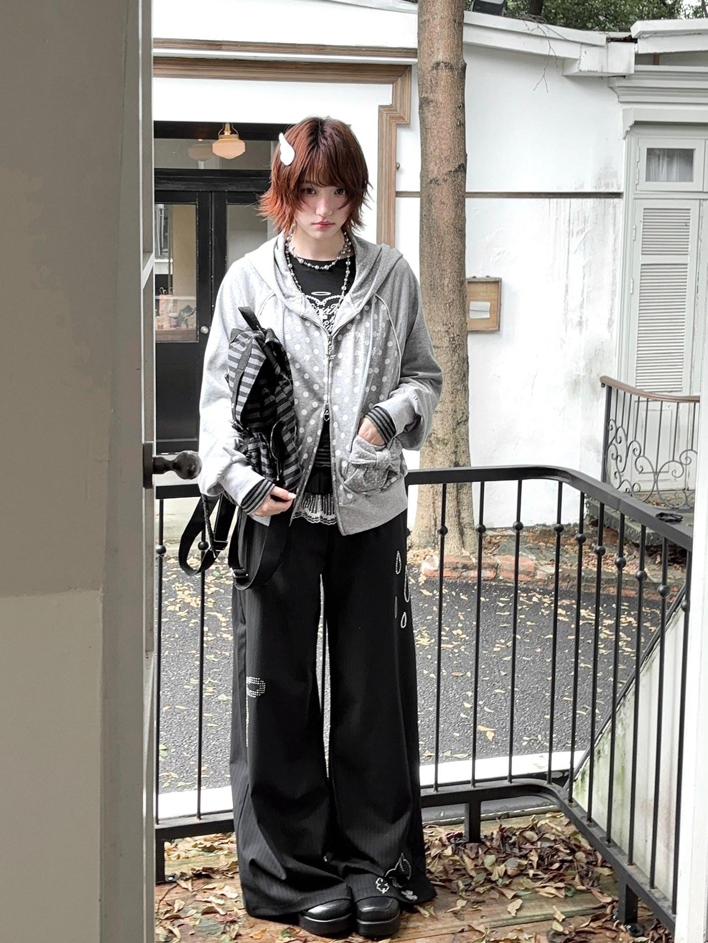Kyouko Baby Gray Girl Raglan Sleeve Women's Long Black Pants Casual Top & Pants Sets