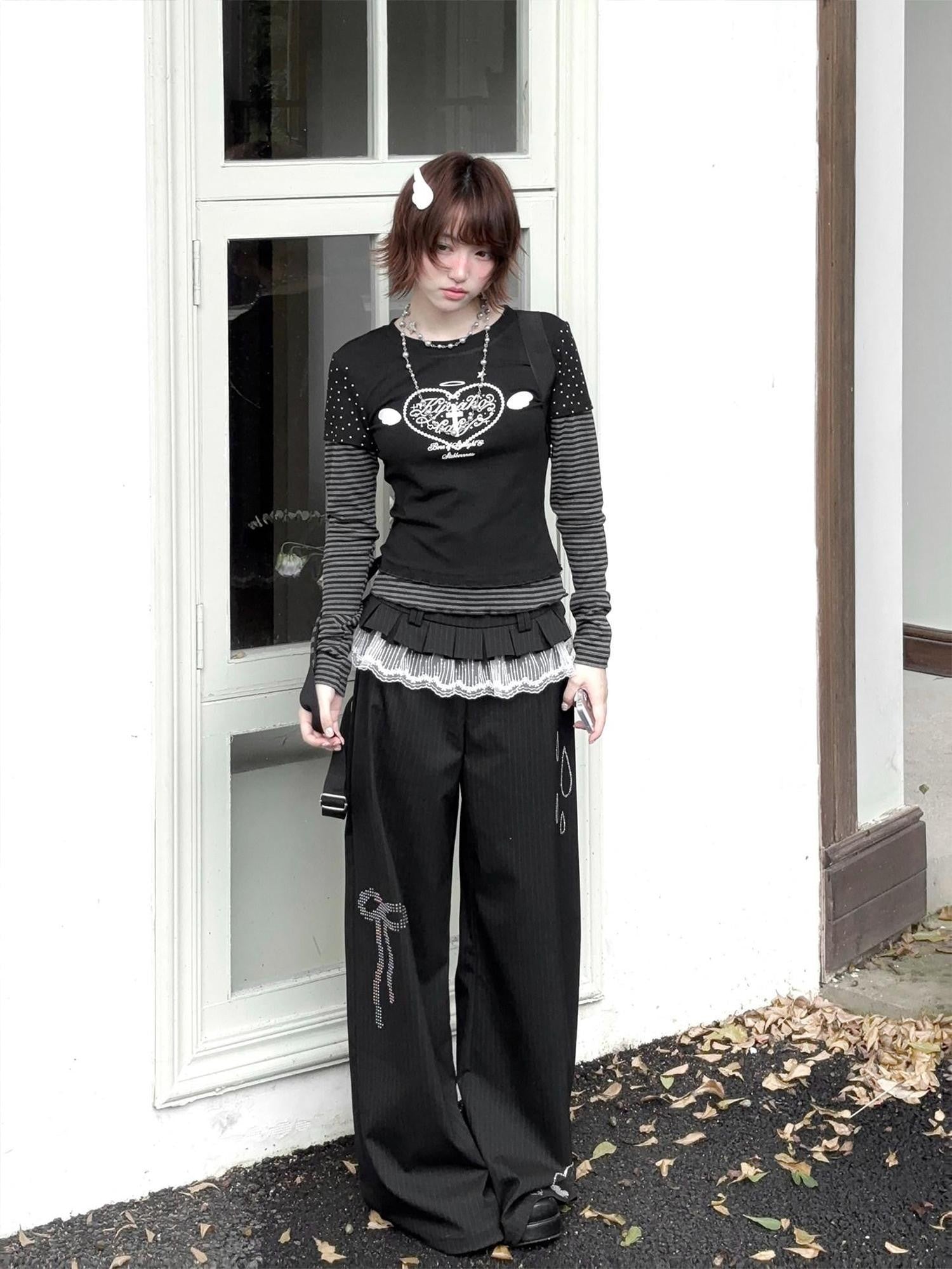 Kyouko Baby Gray Girl Raglan Sleeve Women's Long Black Pants Casual Top & Pants Sets