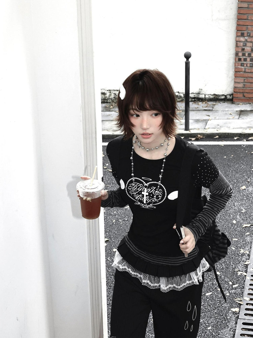 Kyouko Baby Gray Girl Raglan Sleeve Women's Long Black Pants Casual Top & Pants Sets