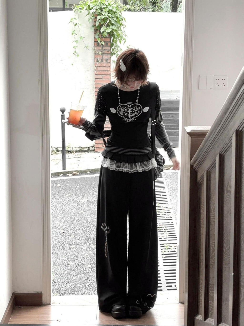 Kyouko Baby Gray Girl Raglan Sleeve Women's Long Black Pants Casual Top & Pants Sets