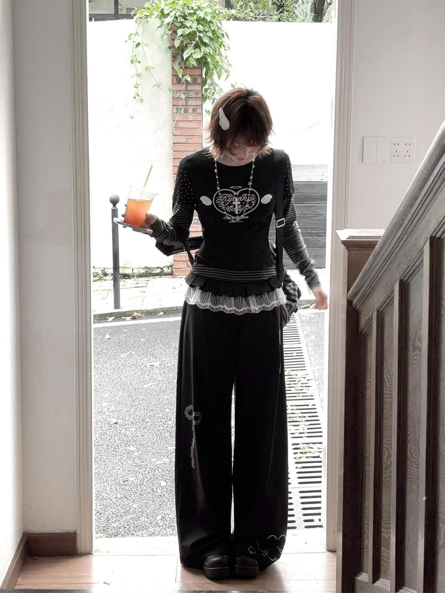 Kyouko Baby Gray Girl Raglan Sleeve Women's Long Black Pants Casual Top & Pants Sets