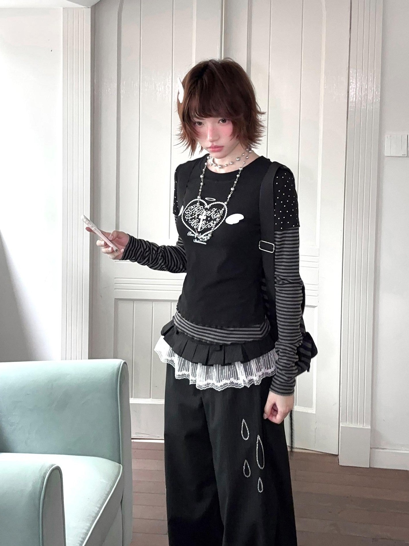 Kyouko Baby Gray Girl Raglan Sleeve Women's Long Black Pants Casual Top & Pants Sets
