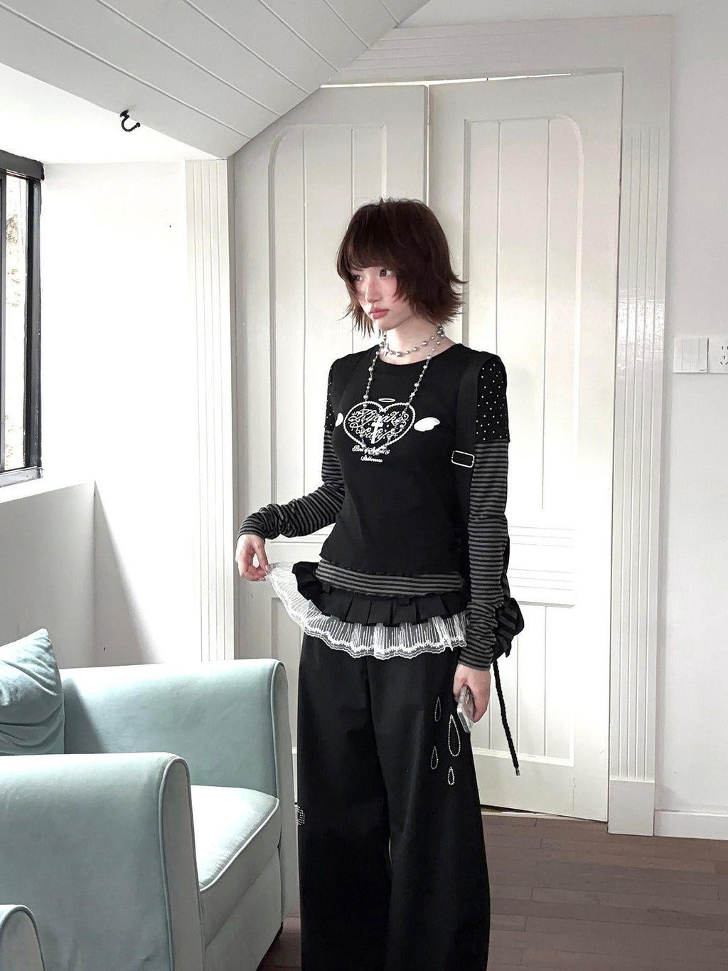 Kyouko Baby Gray Girl Raglan Sleeve Women's Long Black Pants Casual Top & Pants Sets