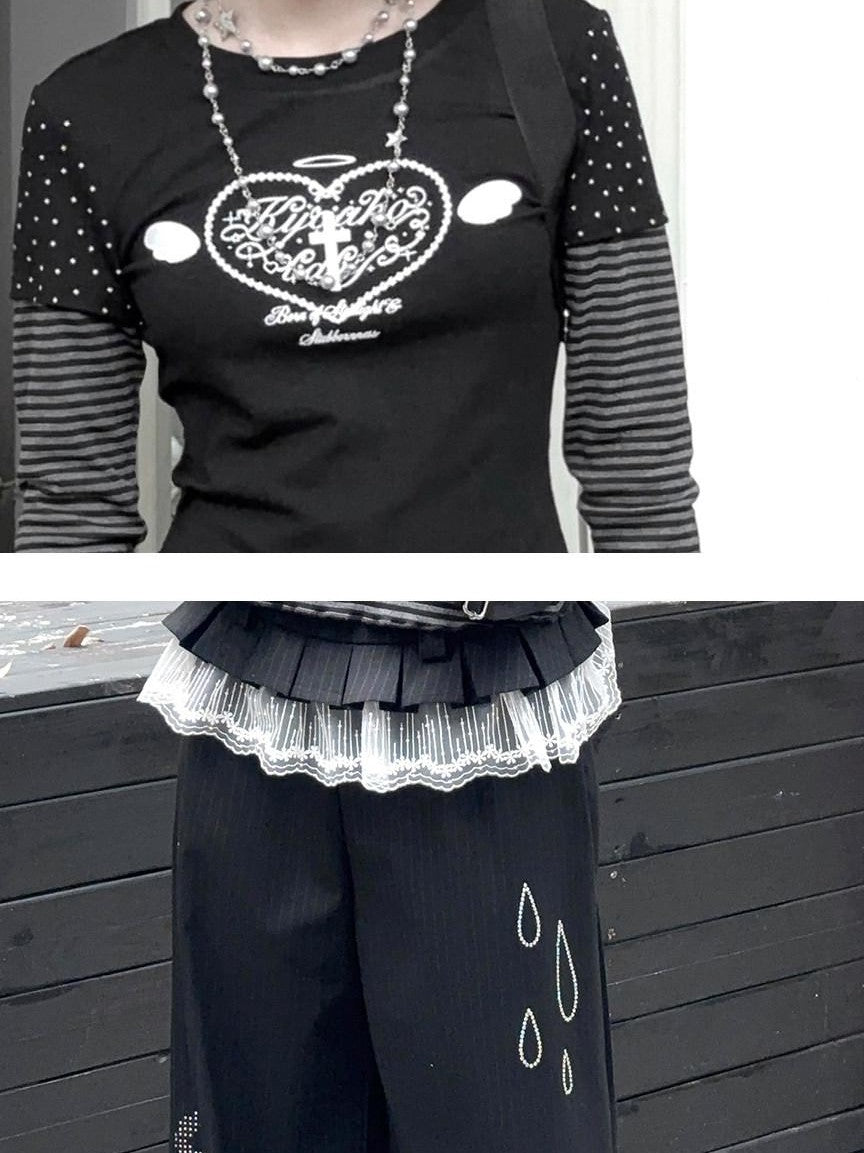 Kyouko Baby Gray Girl Raglan Sleeve Women's Long Black Pants Casual Top & Pants Sets