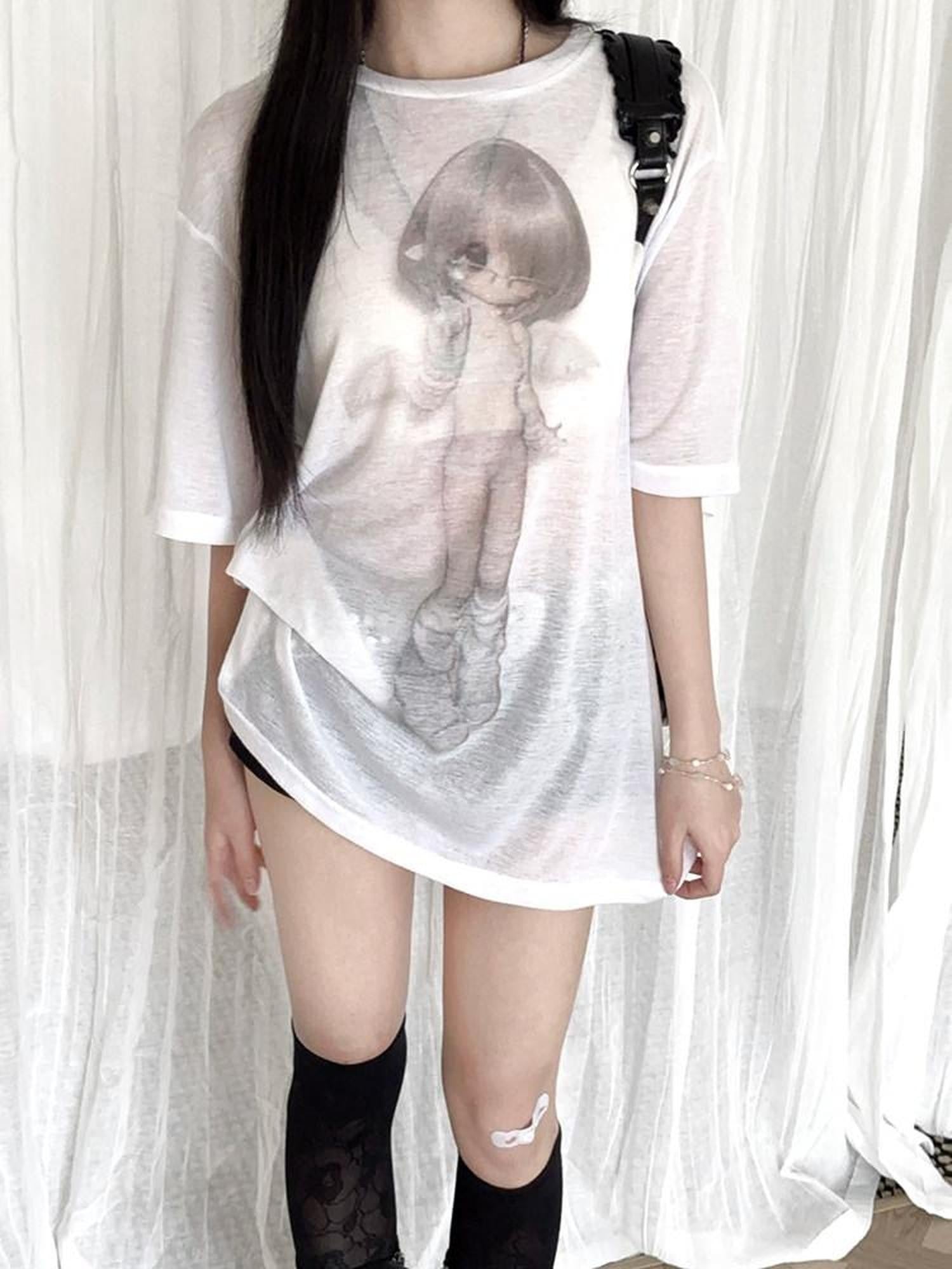 Kyouko Baby Gray White Angel Two Tone Sheer Bjd Women's Oversized T-shirts