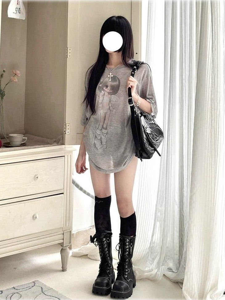 Kyouko Baby Gray White Angel Two Tone Sheer Bjd Women's Oversized T-shirts