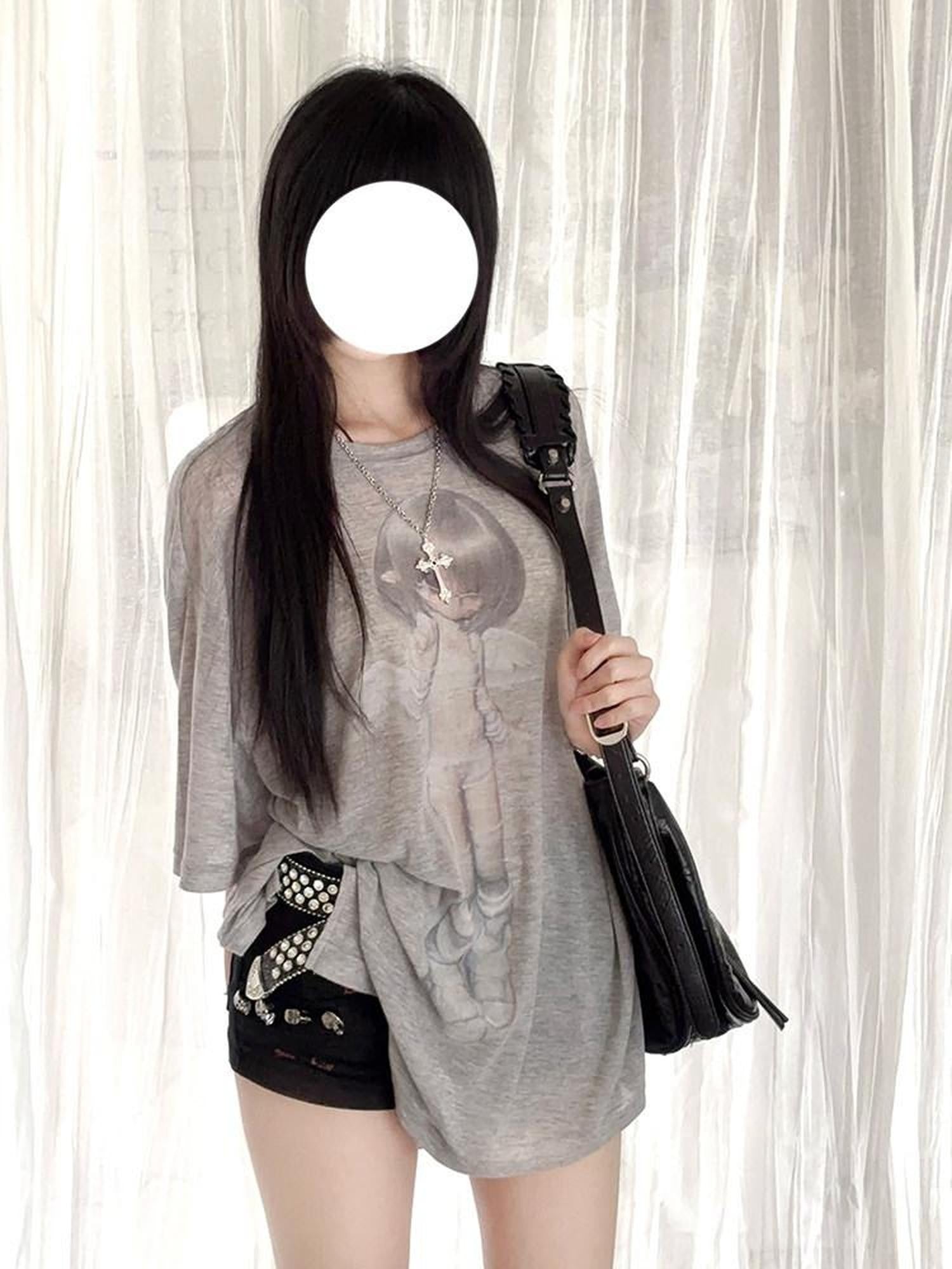 Kyouko Baby Gray White Angel Two Tone Sheer Bjd Women's Oversized T-shirts