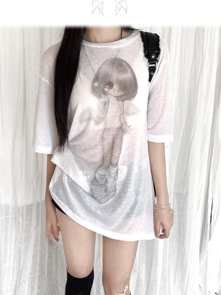 Kyouko Baby Gray White Angel Two Tone Sheer Bjd Women's Oversized T-shirts