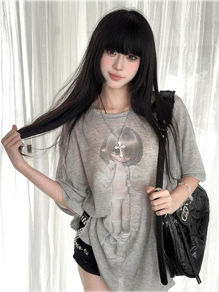 Kyouko Baby Gray White Angel Two Tone Sheer Bjd Women's Oversized T-shirts