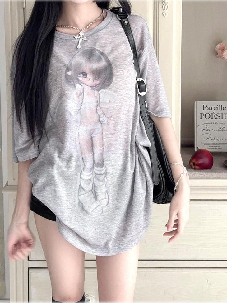 Kyouko Baby Gray White Angel Two Tone Sheer Bjd Women's Oversized T-shirts