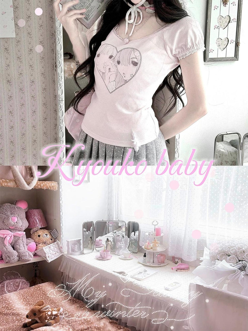 Kyouko Baby Heart Print Polka Dot Korean Girly Cute Women's Pleated Skirts