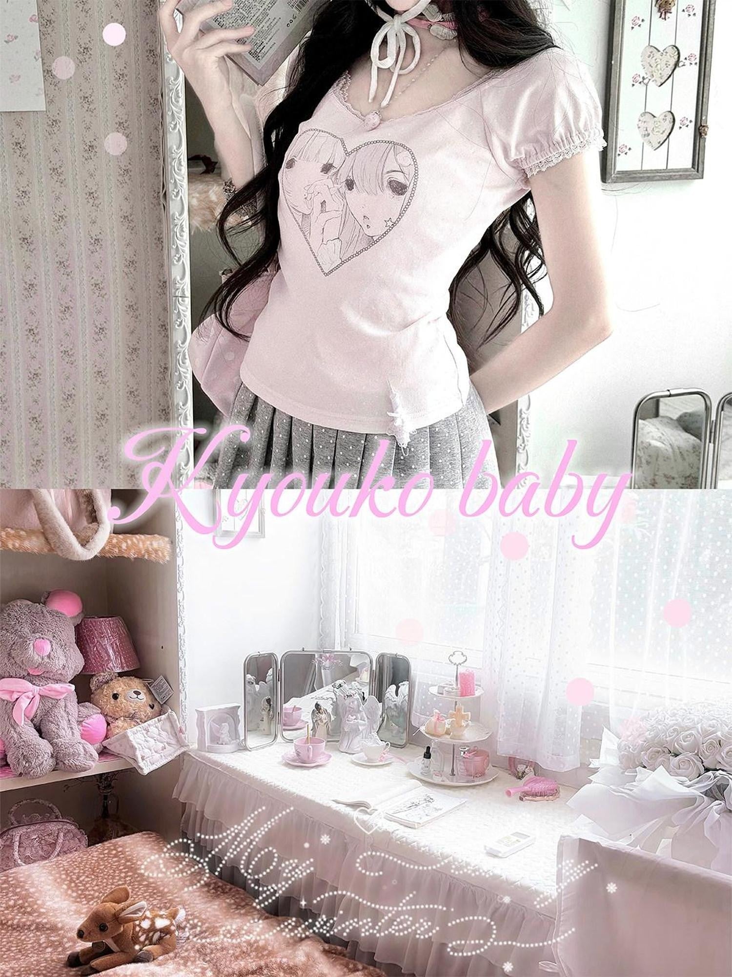 Kyouko Baby Heart Print Polka Dot Korean Girly Cute Women's Pleated Skirts