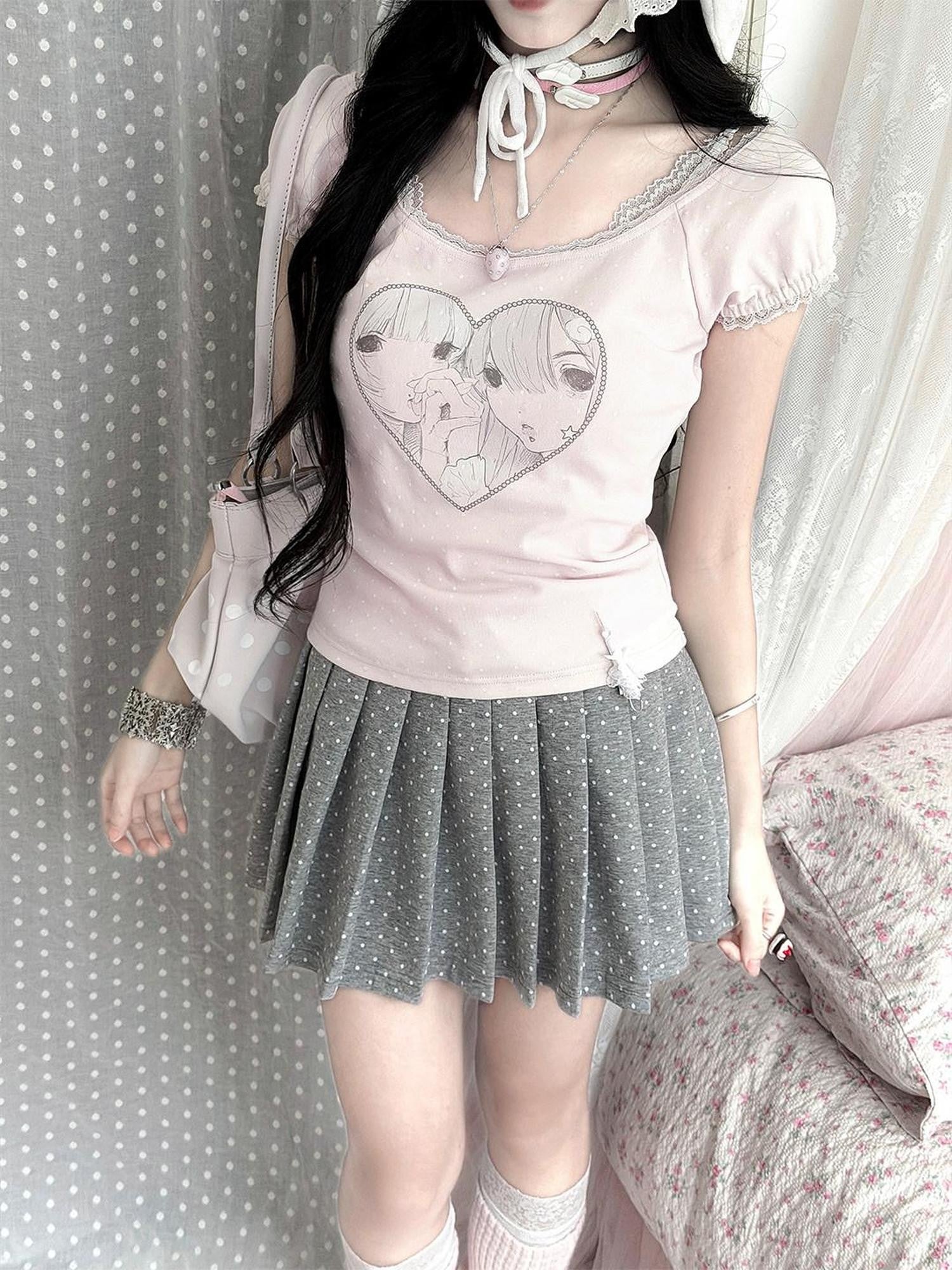 Kyouko Baby Heart Print Polka Dot Korean Girly Cute Women's Pleated Skirts