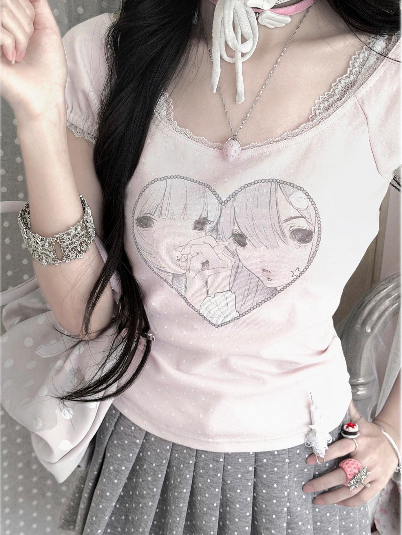 Kyouko Baby Heart Print Polka Dot Korean Girly Cute Women's Pleated Skirts