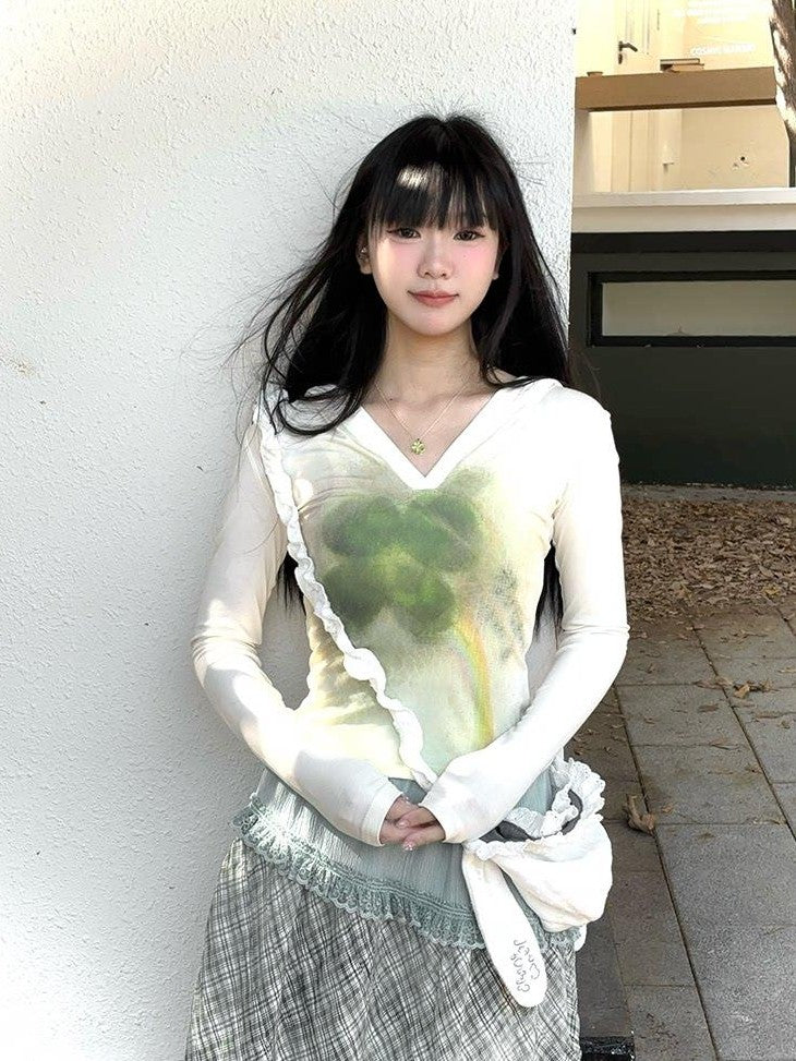 Kyouko Baby Honey Clover Printed Spliced Long Sleeve Top Skirt Women's Matching Skirt Sets