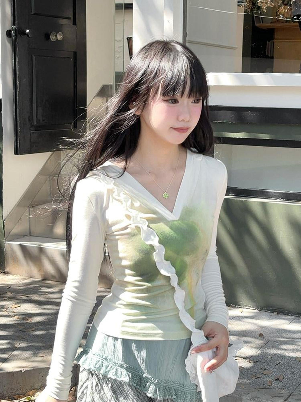 Kyouko Baby Honey Clover Printed Spliced Long Sleeve Top Skirt Women's Matching Skirt Sets