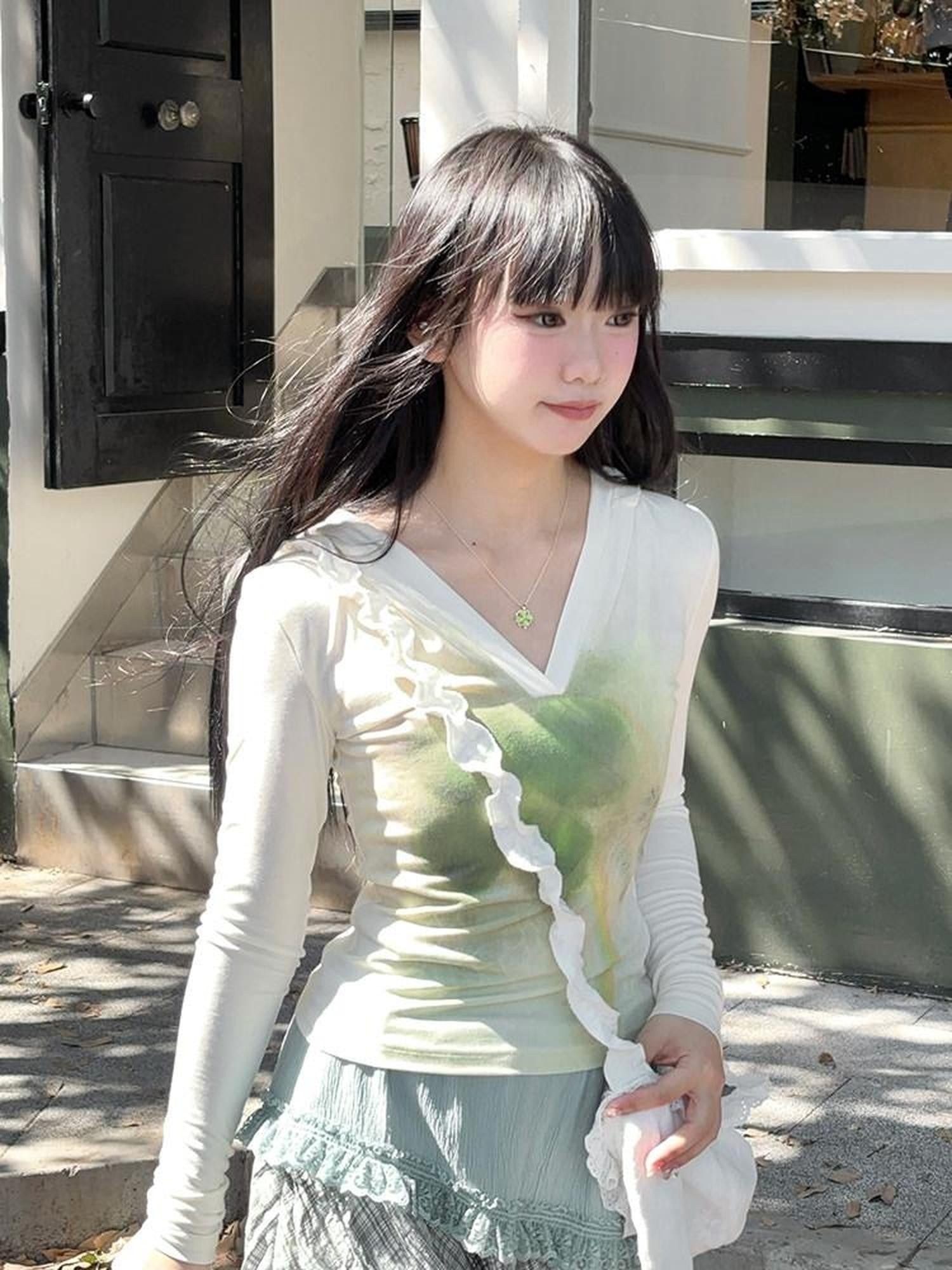 Kyouko Baby Honey Clover Printed Spliced Long Sleeve Top Skirt Women's Matching Skirt Sets