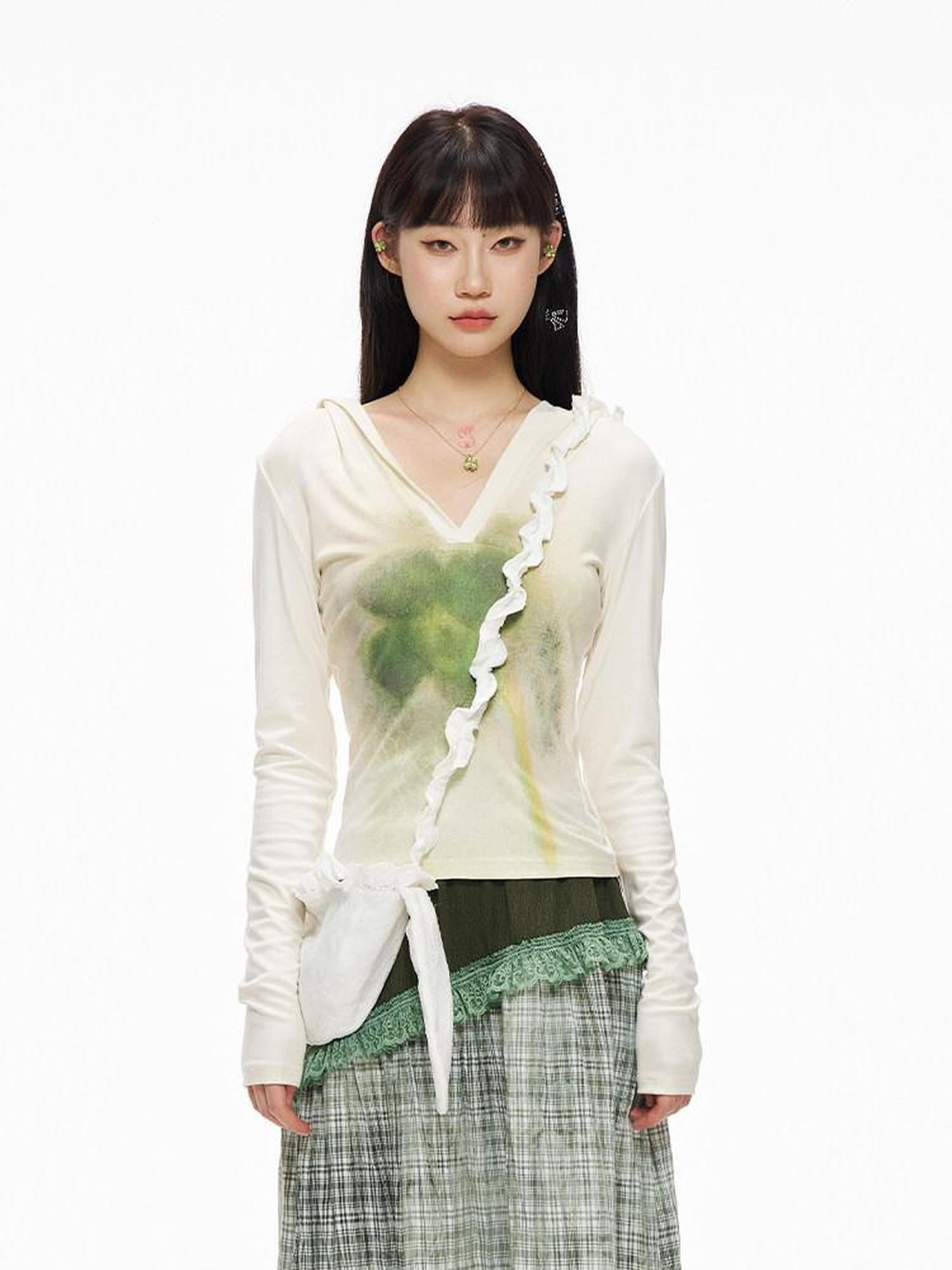 Kyouko Baby Honey Clover Printed Spliced Long Sleeve Top Skirt Women's Matching Skirt Sets