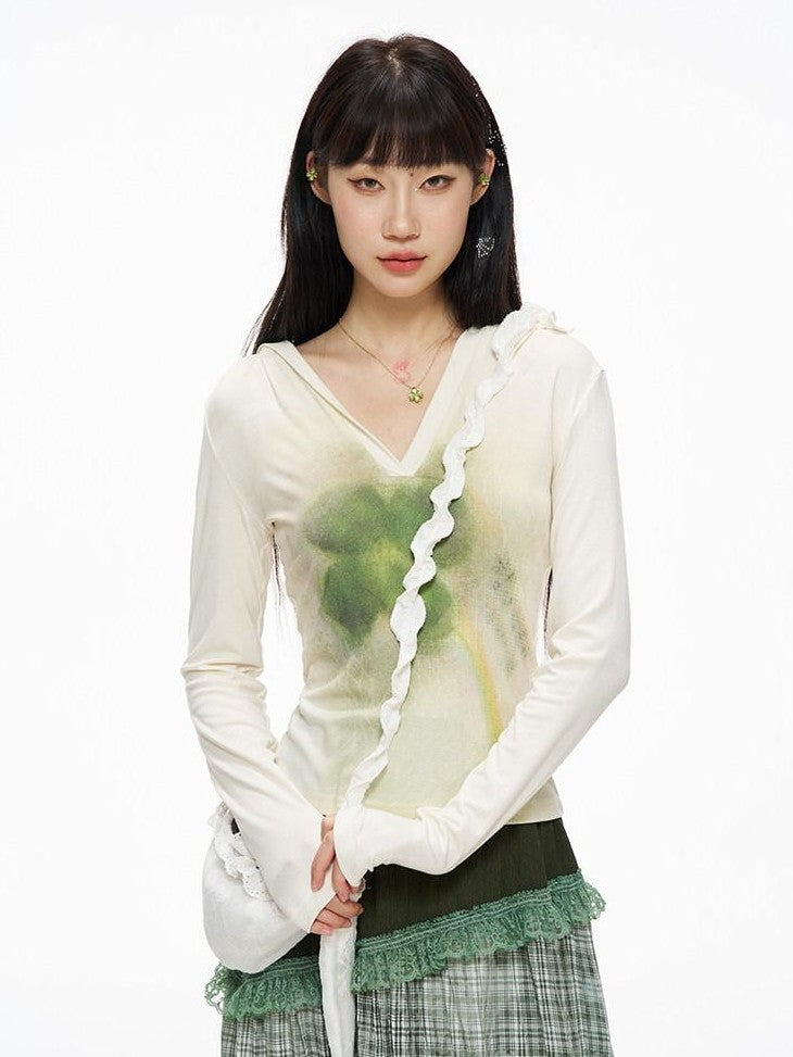 Kyouko Baby Honey Clover Printed Spliced Long Sleeve Top Skirt Women's Matching Skirt Sets