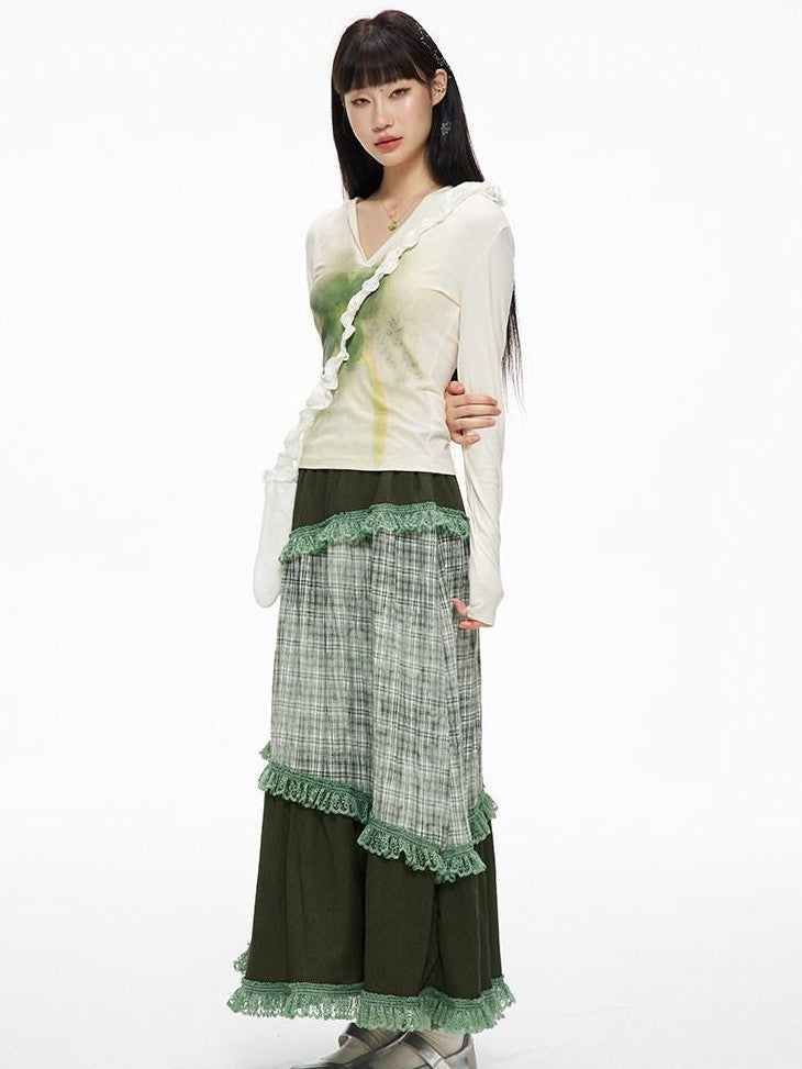 Kyouko Baby Honey Clover Printed Spliced Long Sleeve Top Skirt Women's Matching Skirt Sets