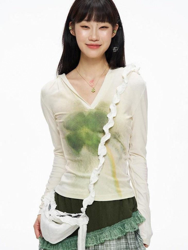 Kyouko Baby Honey Clover Printed Spliced Long Sleeve Top Skirt Women's Matching Skirt Sets