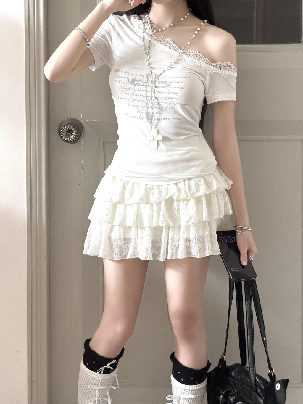 Kyouko Baby Japanese Vintage Cross Lace Asymmetric Shoulder Women's Lace Matching Skirt Sets