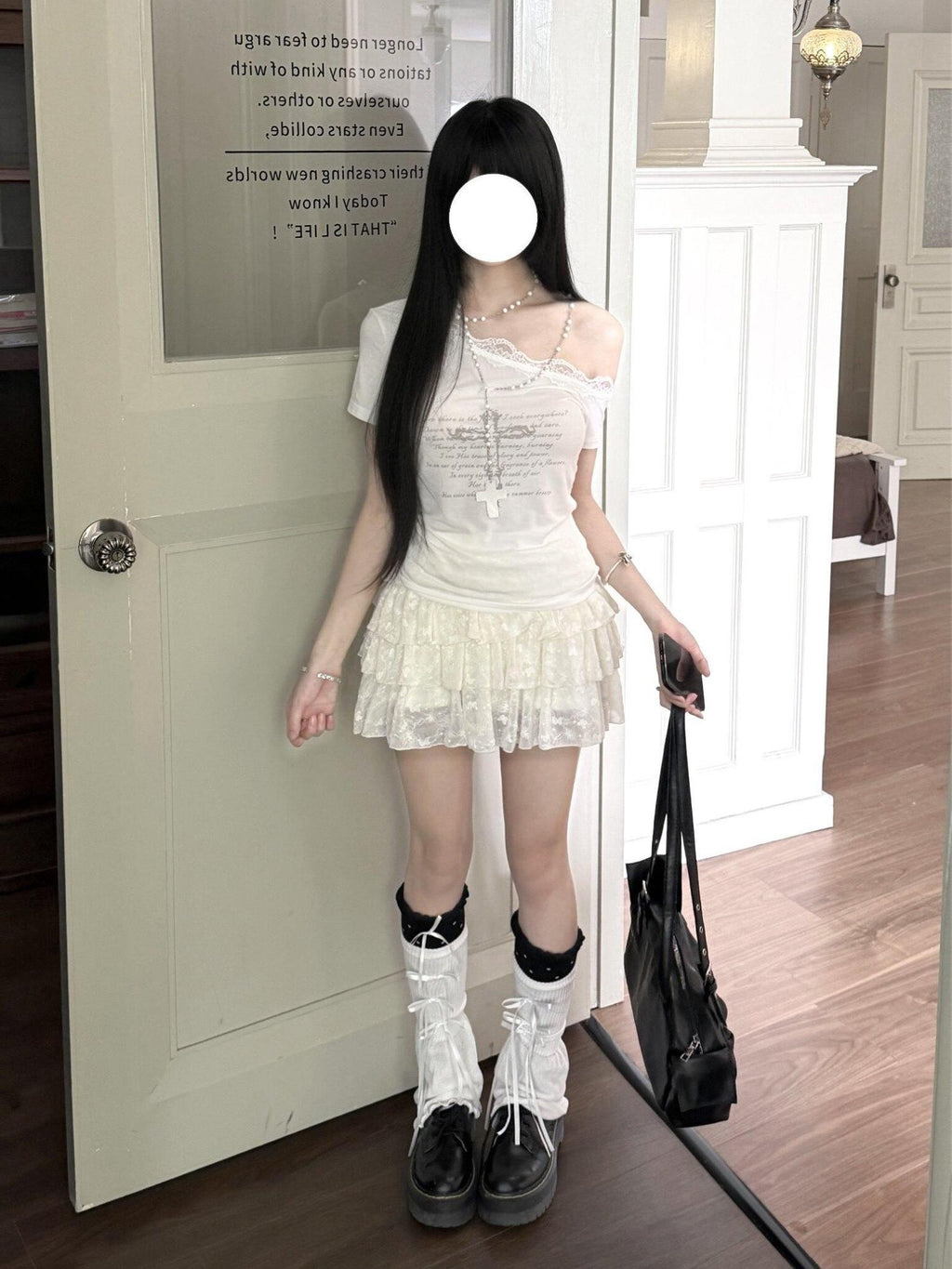 Kyouko Baby Japanese Vintage Cross Lace Asymmetric Shoulder Women's Lace Matching Skirt Sets