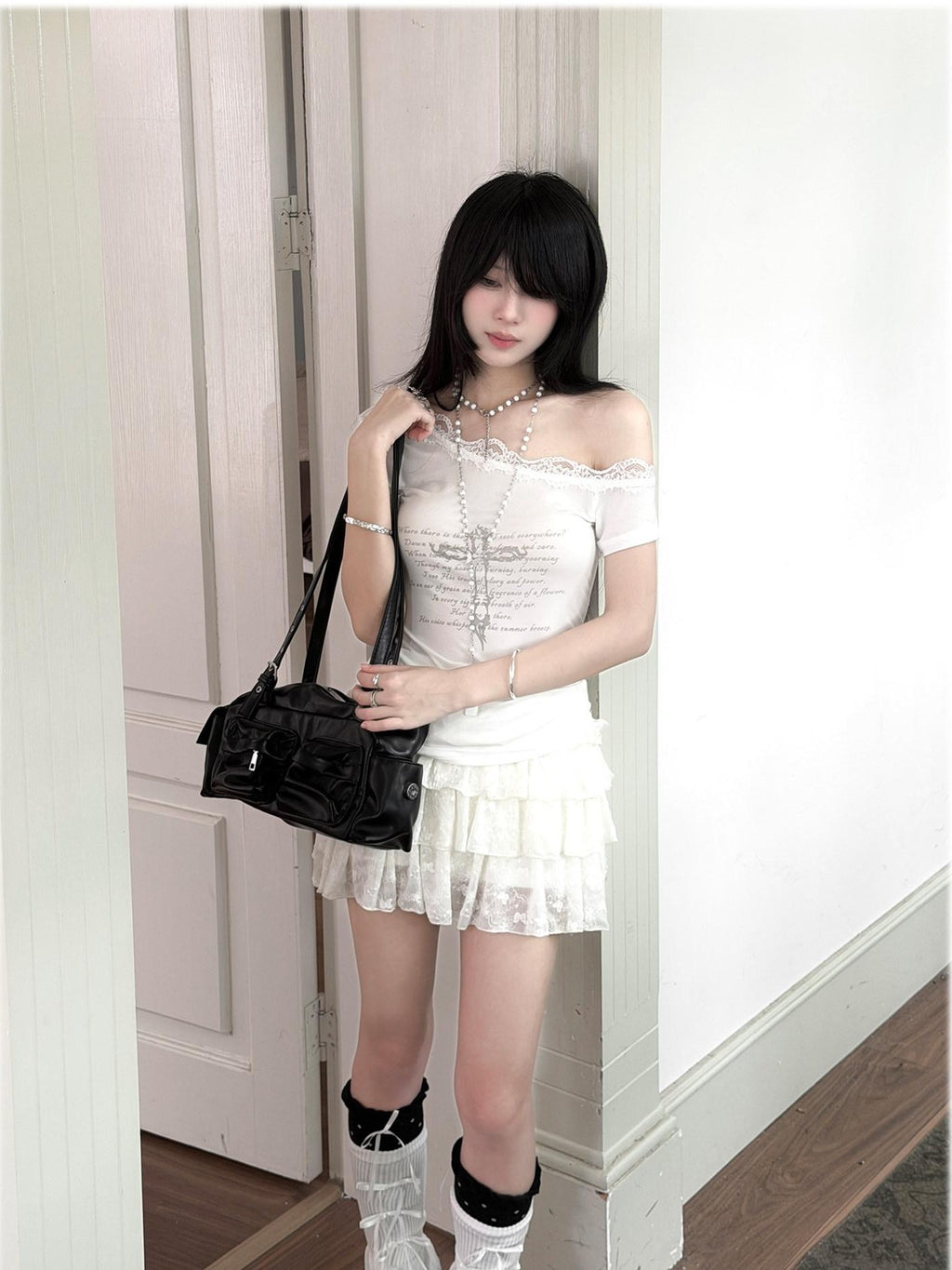 Kyouko Baby Japanese Vintage Cross Lace Asymmetric Shoulder Women's Lace Matching Skirt Sets