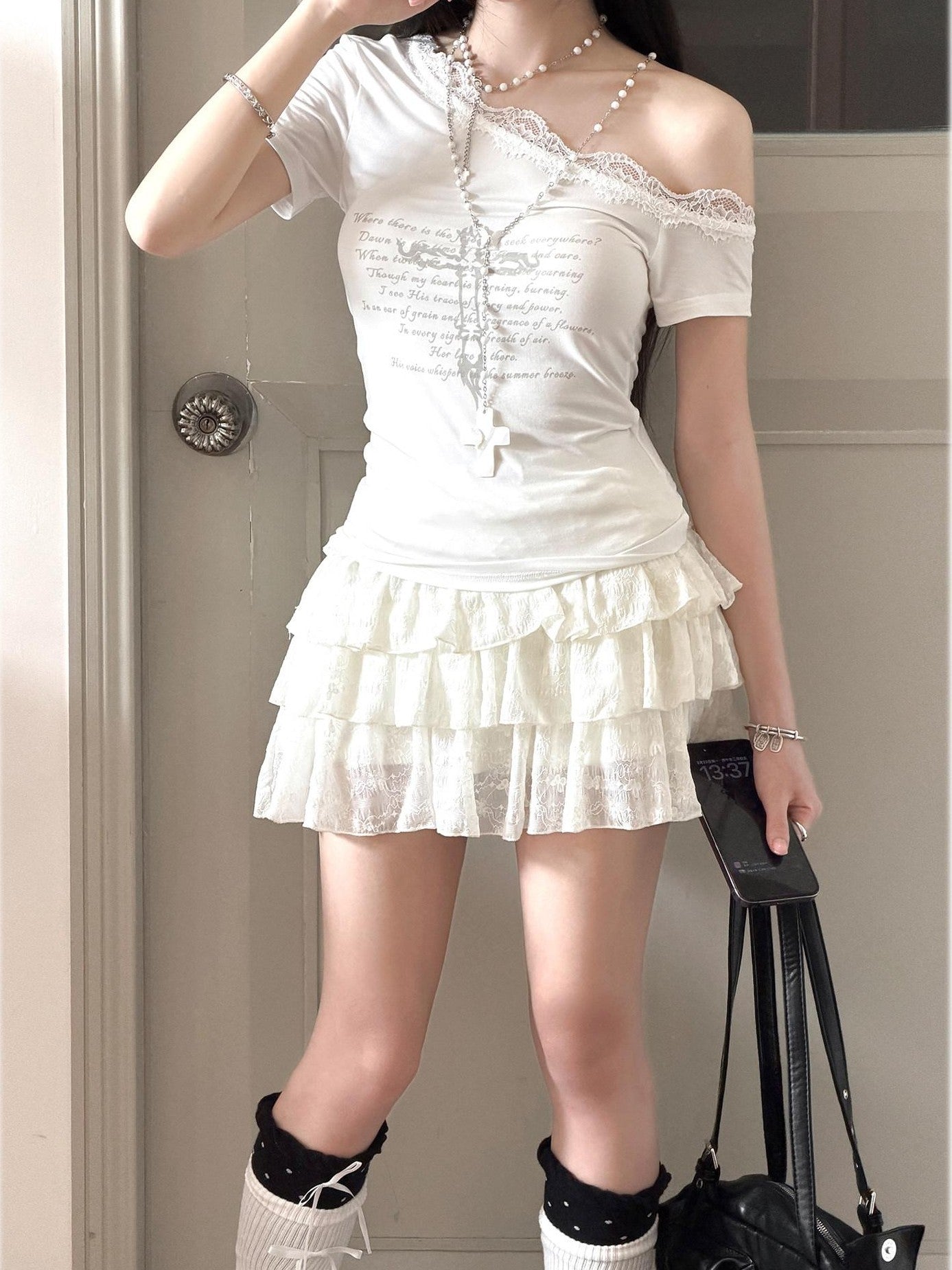 Kyouko Baby Japanese Vintage Cross Lace Asymmetric Shoulder Women's Lace Matching Skirt Sets