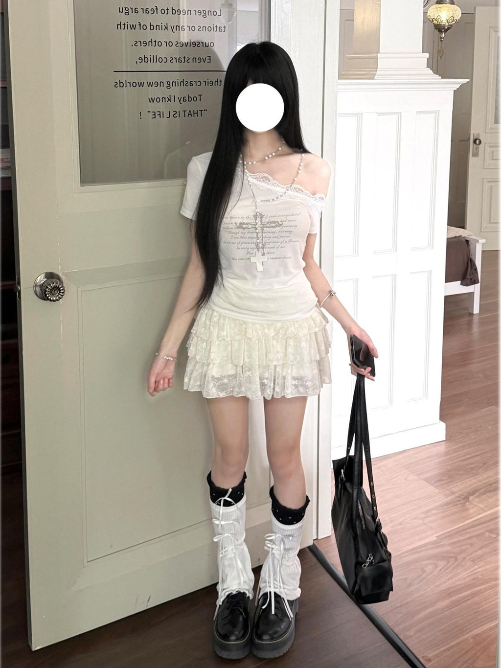 Kyouko Baby Japanese Vintage Cross Lace Asymmetric Shoulder Women's Lace Matching Skirt Sets