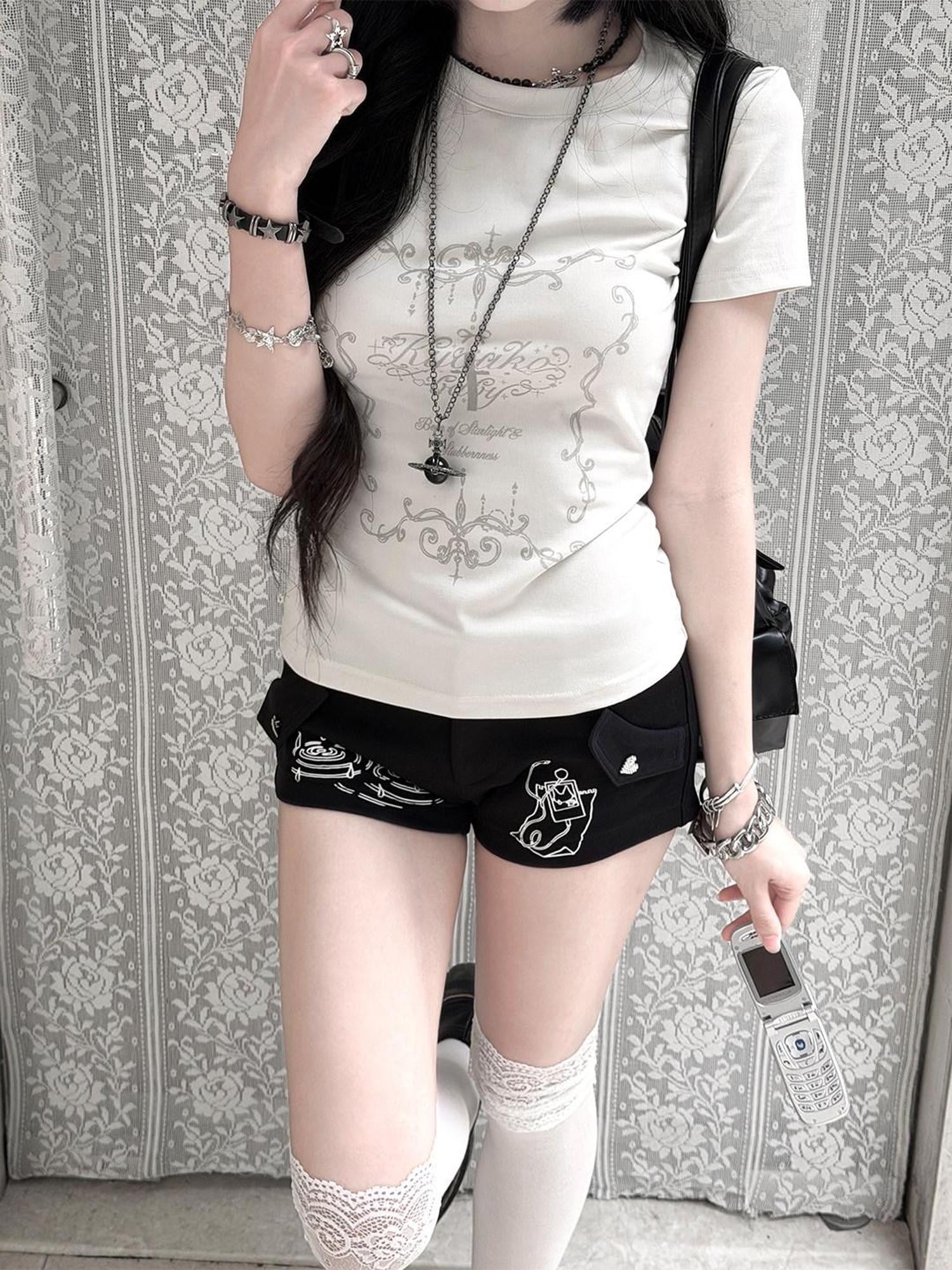 Kyouko Baby Korean Girl Printed Crewneck Women's Lightweight Casual Top & Shorts Sets