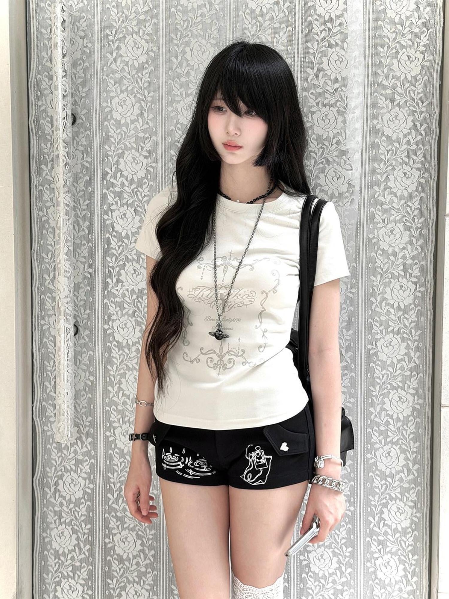 Kyouko Baby Korean Girl Printed Crewneck Women's Lightweight Casual Top & Shorts Sets
