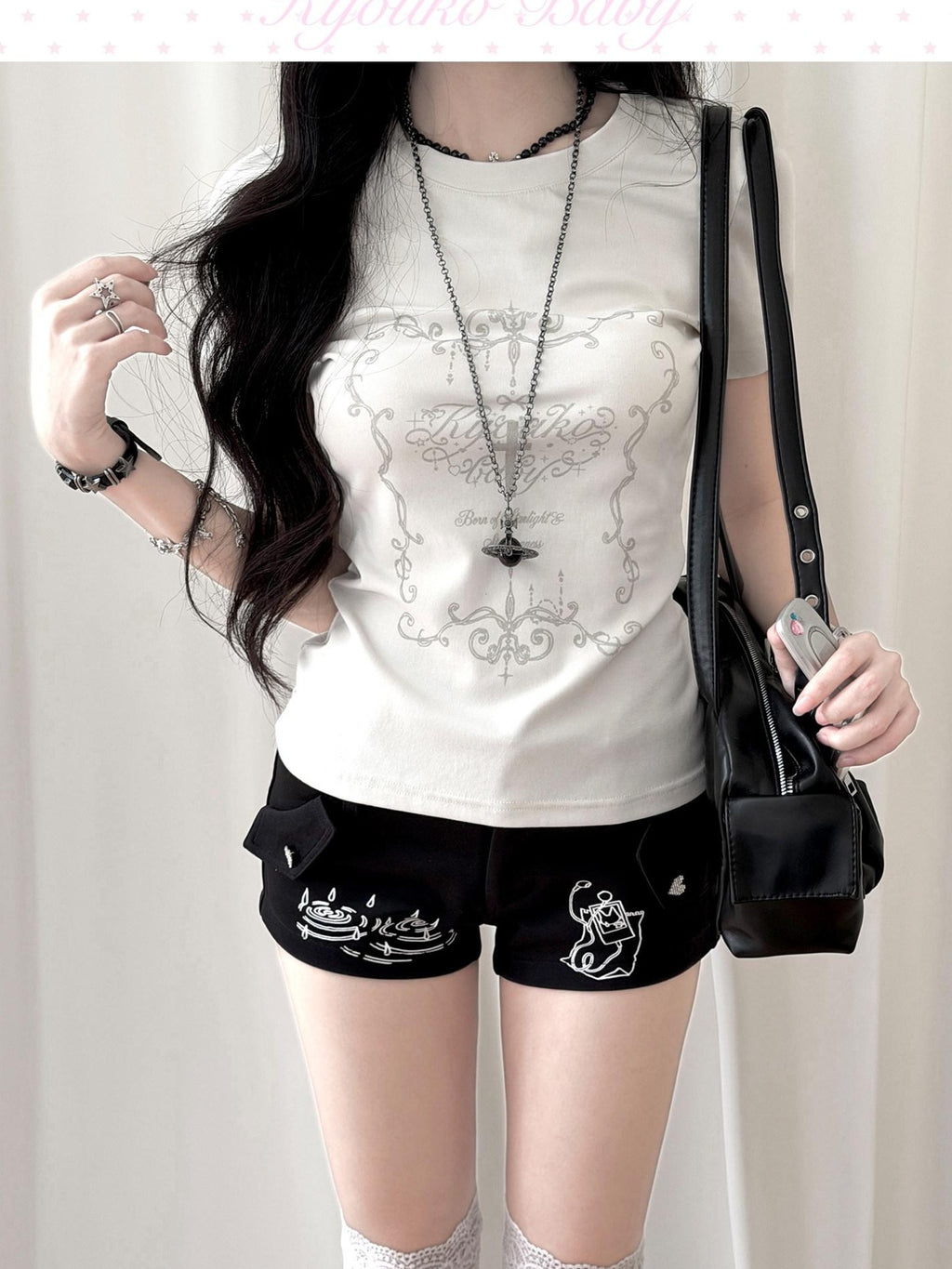 Kyouko Baby Korean Girl Printed Crewneck Women's Lightweight Casual Top & Shorts Sets