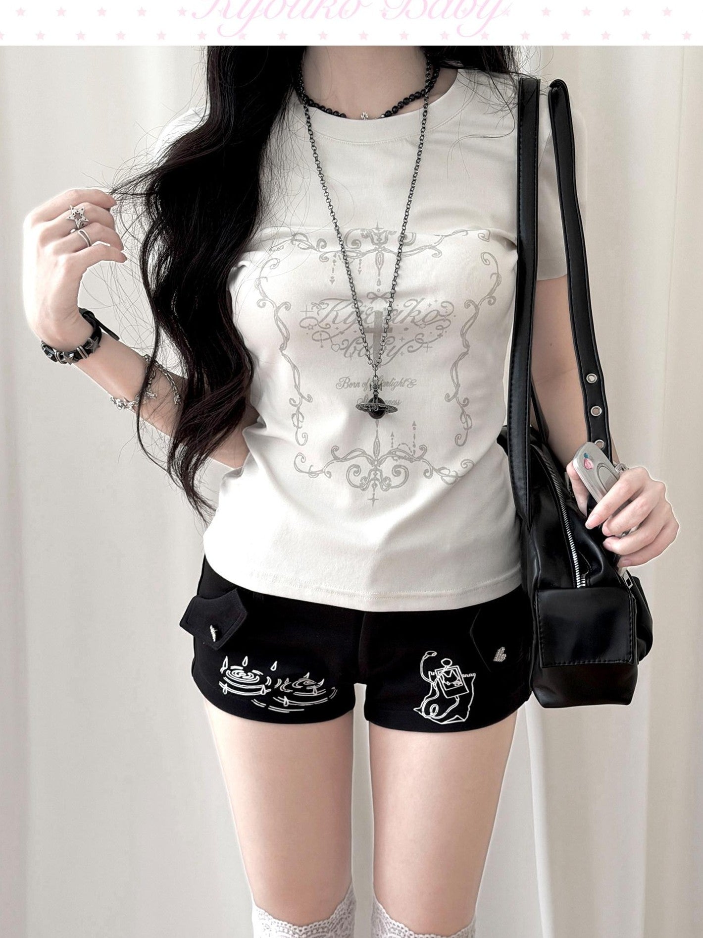 Kyouko Baby Korean Girl Printed Crewneck Women's Lightweight Casual Top & Shorts Sets