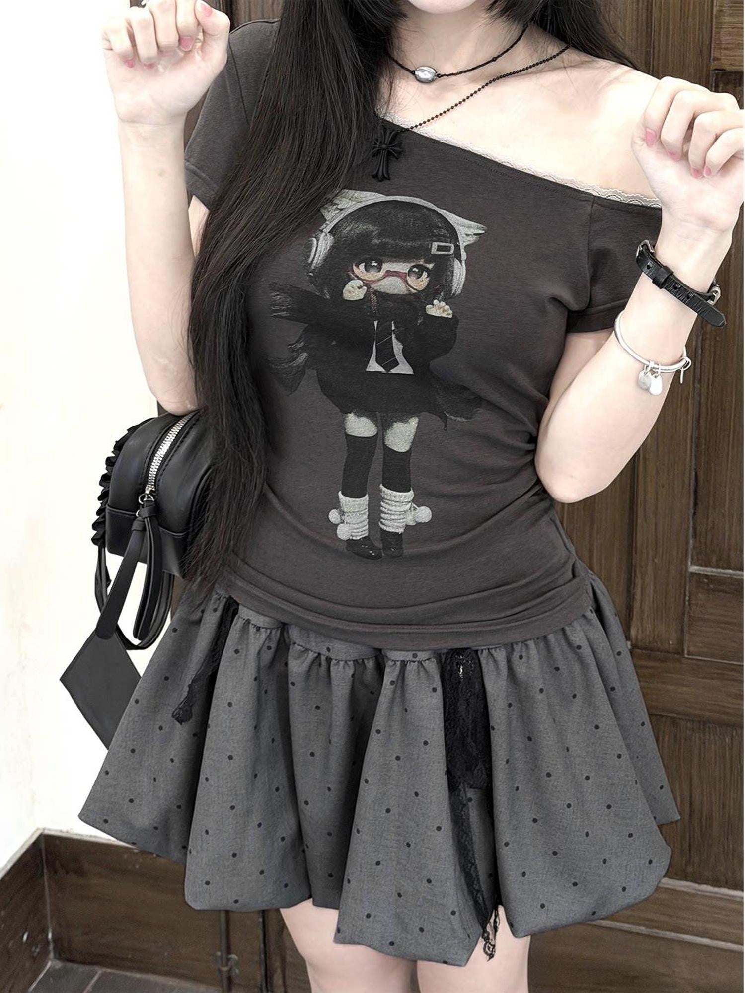 Kyouko Baby Lace Splice Print Asymmetric Shoulder Women's Off-shoulder T-shirts