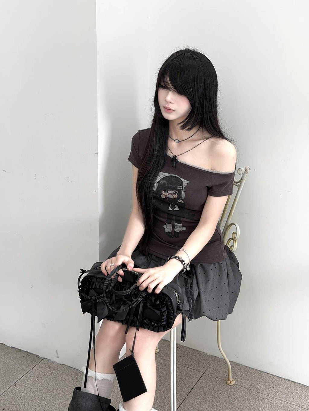 Kyouko Baby Lace Splice Print Asymmetric Shoulder Women's Off-shoulder T-shirts