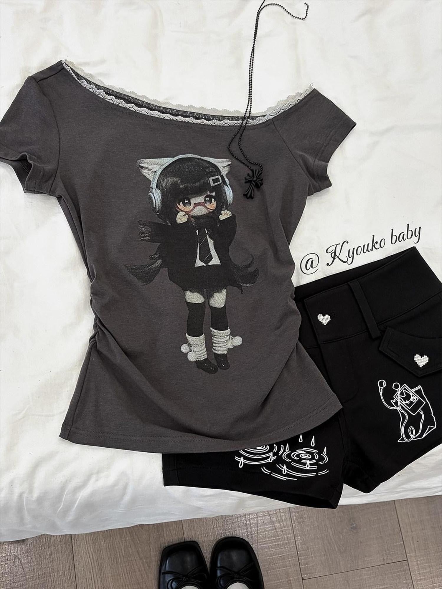 Kyouko Baby Lace Splice Print Asymmetric Shoulder Women's Off-shoulder T-shirts