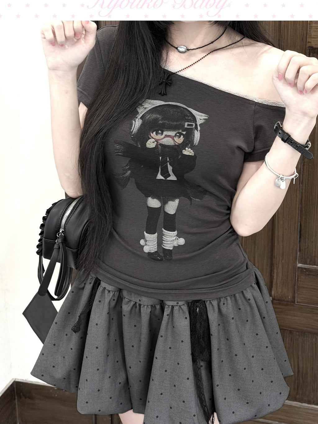 Kyouko Baby Lace Splice Print Asymmetric Shoulder Women's Off-shoulder T-shirts