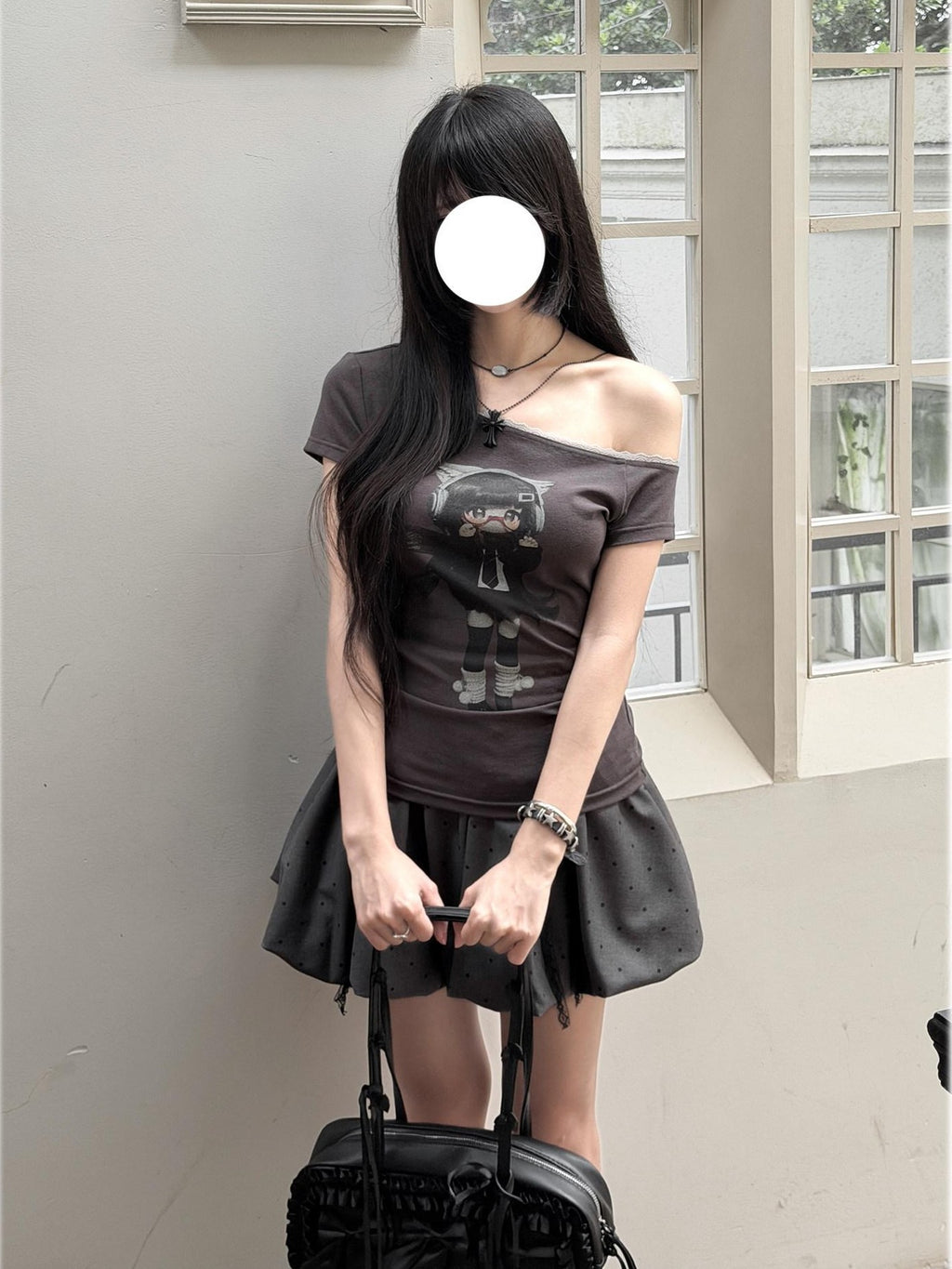 Kyouko Baby Lace Splice Print Asymmetric Shoulder Women's Off-shoulder T-shirts