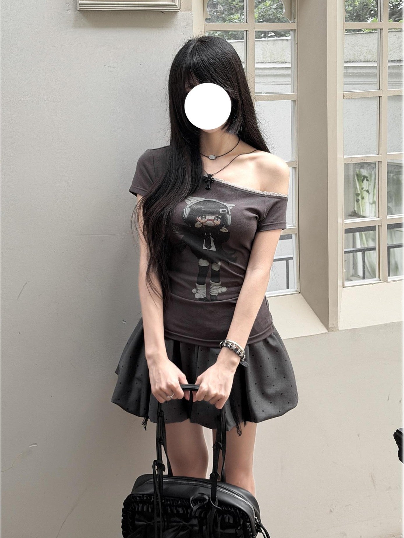 Kyouko Baby Lace Splice Print Asymmetric Shoulder Women's Off-shoulder T-shirts
