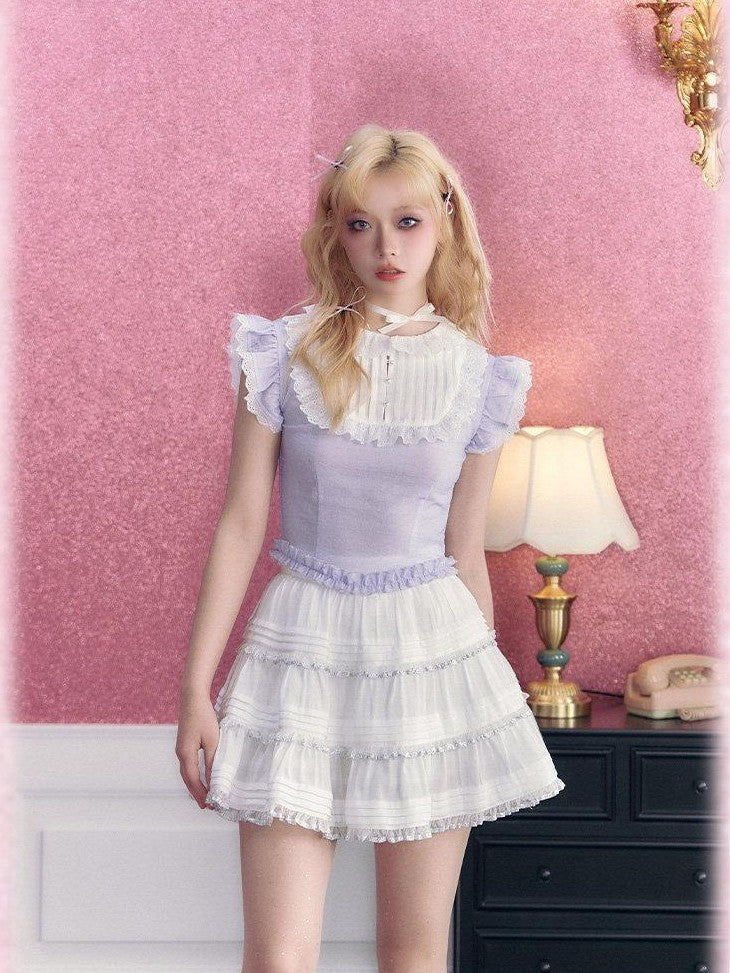 Kyouko Baby Lavender Vintage Sweet Flutter Short Sleeve Women's Matching Skirt Sets