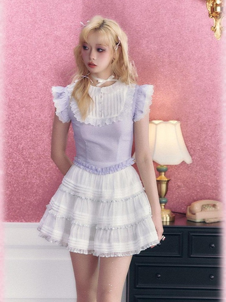 Kyouko Baby Lavender Vintage Sweet Flutter Short Sleeve Women's Matching Skirt Sets