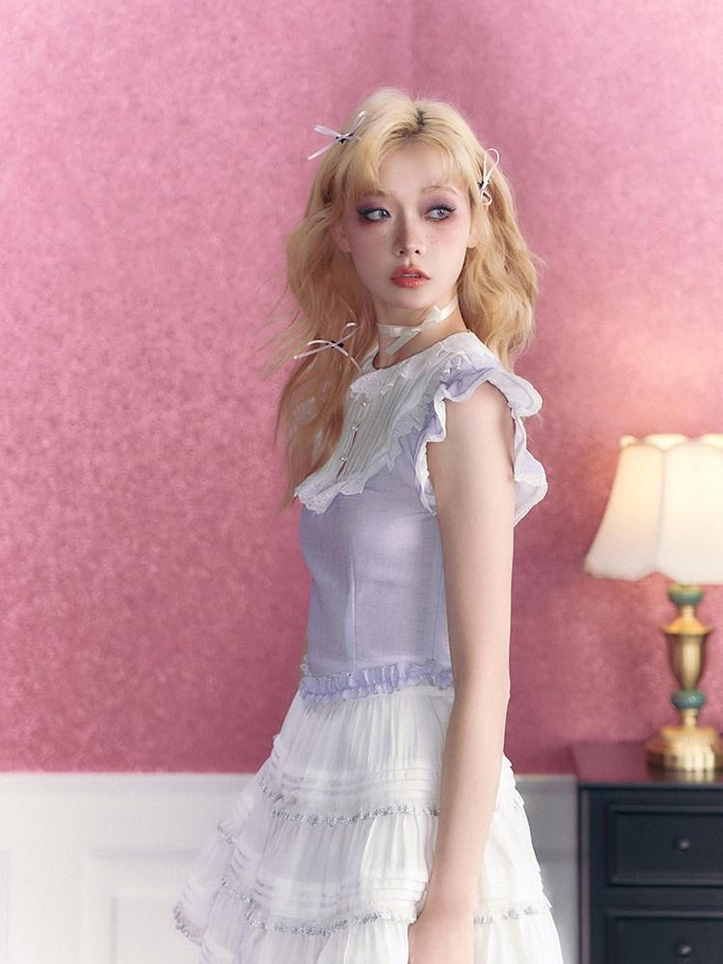 Kyouko Baby Lavender Vintage Sweet Flutter Short Sleeve Women's Matching Skirt Sets