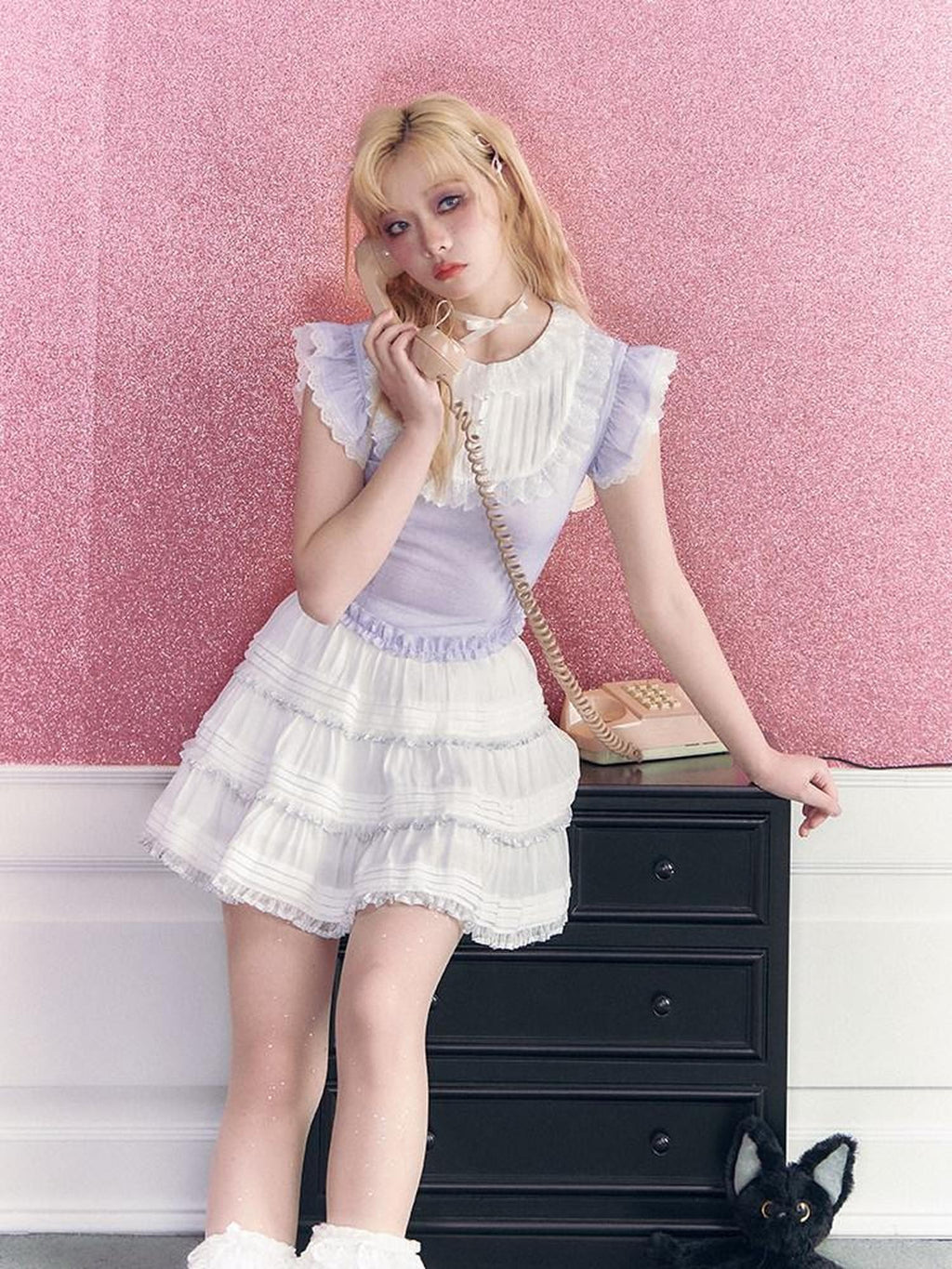 Kyouko Baby Lavender Vintage Sweet Flutter Short Sleeve Women's Matching Skirt Sets
