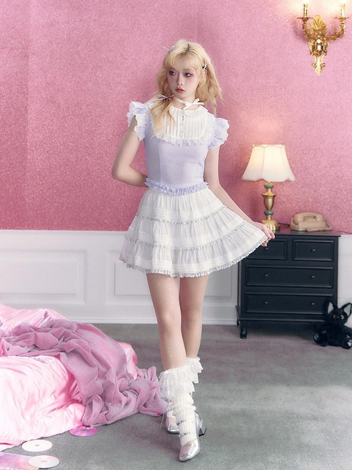 Kyouko Baby Lavender Vintage Sweet Flutter Short Sleeve Women's Matching Skirt Sets