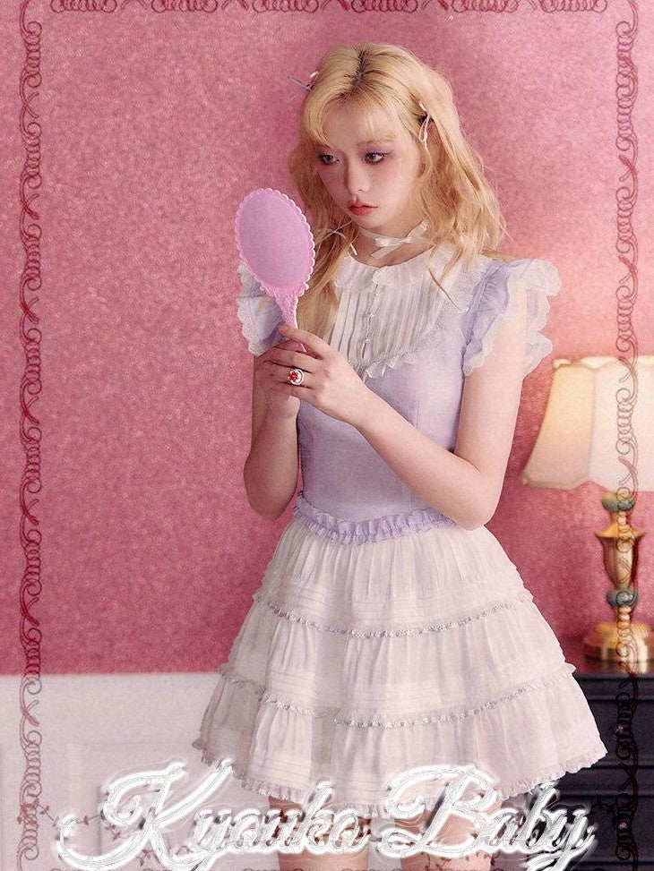 Kyouko Baby Lavender Vintage Sweet Flutter Short Sleeve Women's Matching Skirt Sets