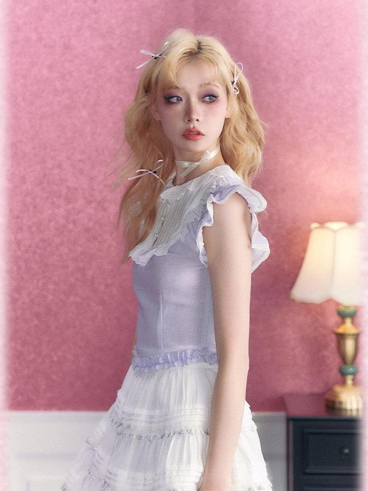 Kyouko Baby Lavender Vintage Sweet Flutter Short Sleeve Women's Matching Skirt Sets