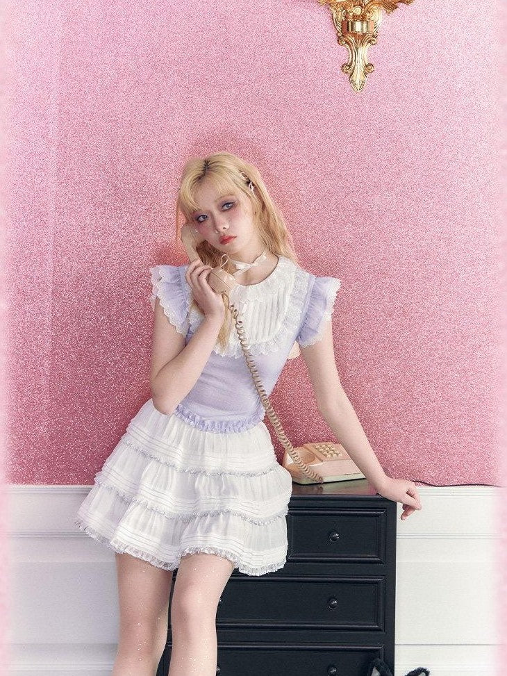 Kyouko Baby Lavender Vintage Sweet Flutter Short Sleeve Women's Matching Skirt Sets