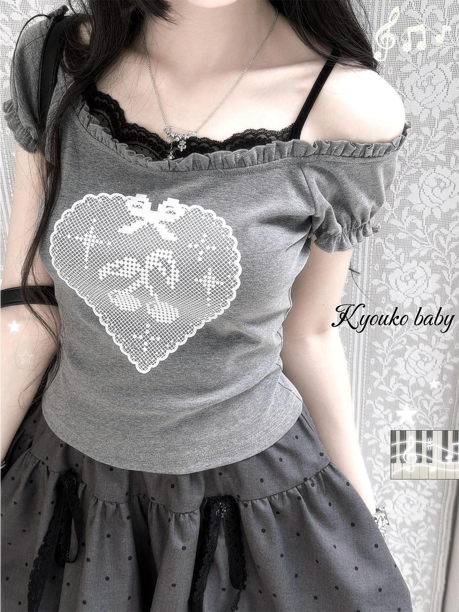 Kyouko Baby Millennial Gray Heart Print Puff Sleeve Off Shoulder Women's Matching Skirt Sets